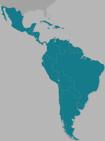 A map showing Mexico, Central America, South America, and the Caribbean highlighted in teal