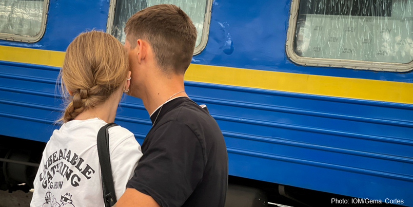 A couple says goodbye at a train station in Lviv, Ukraine.